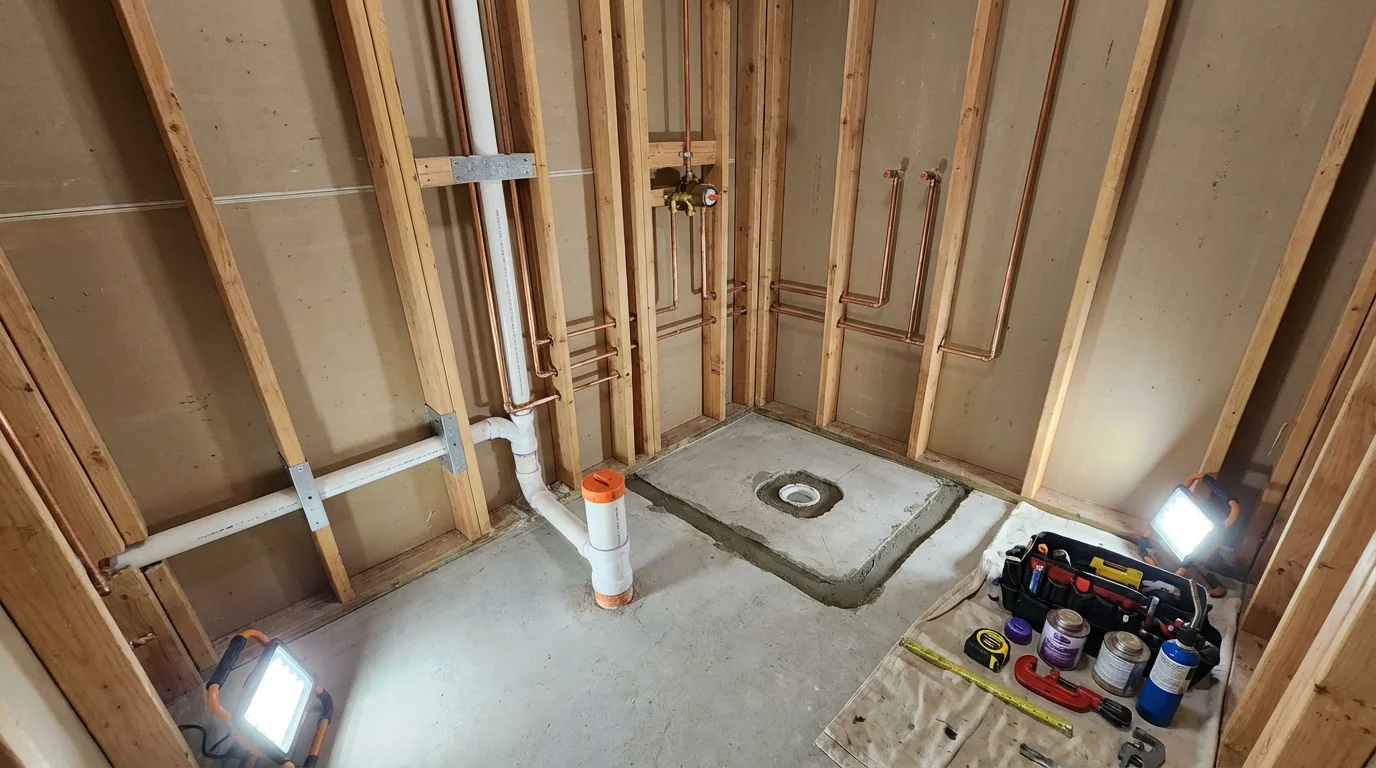 Bathroom rough-in plumbing during remodel by Johns Plumbing LLC in Jarrell