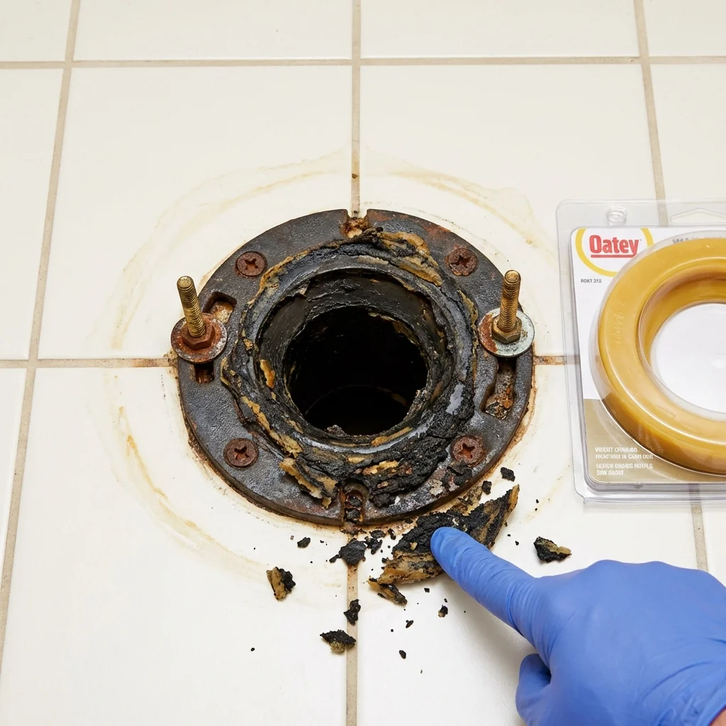 Failed wax ring showing water seepage at the base of a toilet in a Jarrell, TX home